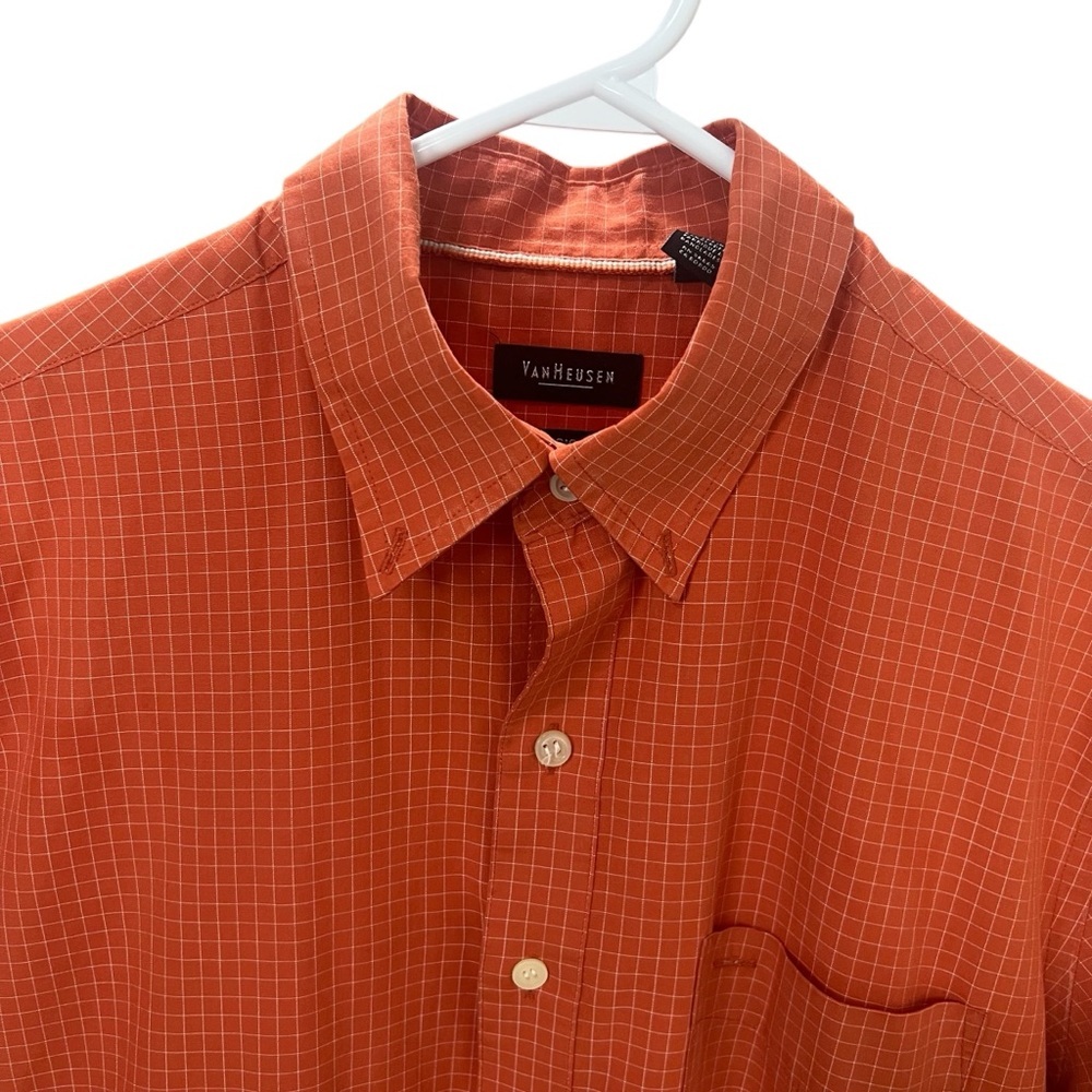 VAN HEUSEN Orange Checkered Casual Button Down Shirt Short Sleeve Classic Fit M - Picture 3 of 8